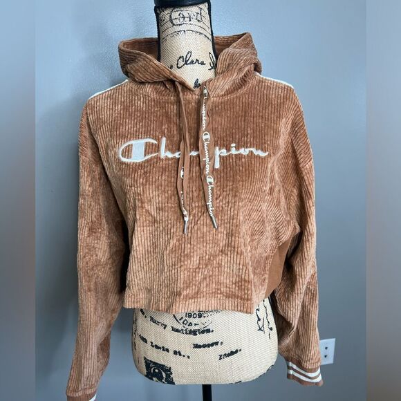 4/$25 Champion reverse weave velvet corduroy cropped hooded shirt  streetwear - Picture 10 of 12